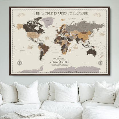 80998319-MGV-FC-36X24_Walnut-Personalize World Map Push Pin Wall Canvas Print – Personalized Travel Tracker with Pins – Framed Large Multi-Size Canvas for Home Office Decor
