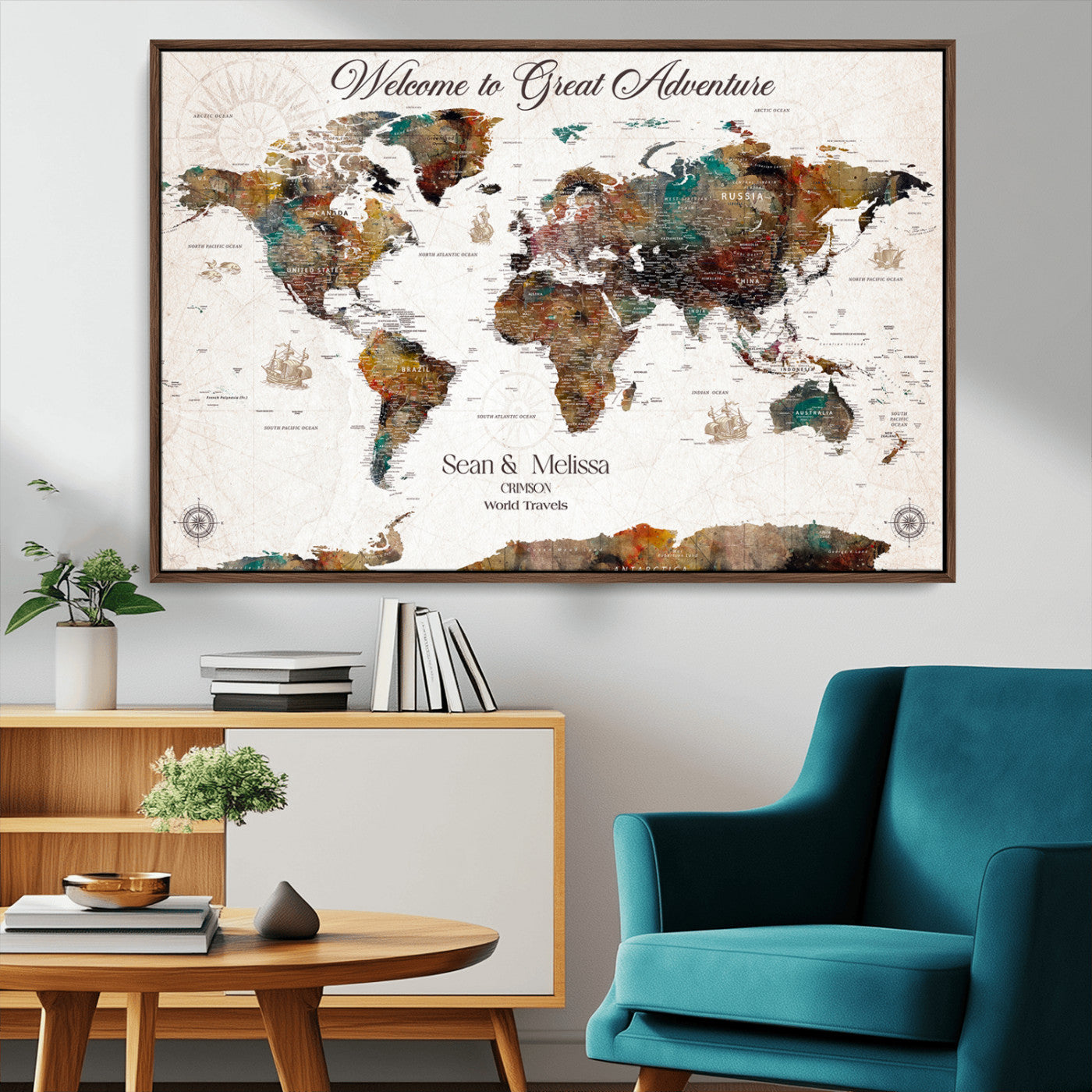 92462592-MGV-CV-36X24-Customize Push Pin World Map Wall Canvas Print – Personalizable Travel World Map with Pins – Framed Personalized Map Print for Couple Gift - H31