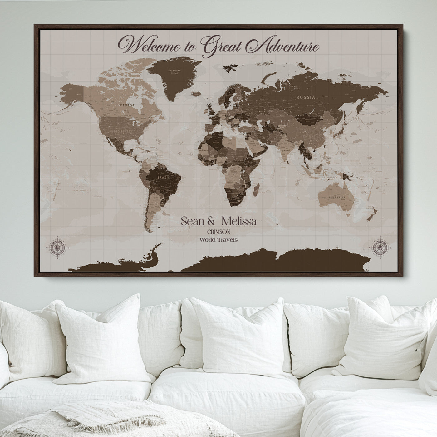 49871705-MGV-FC-36X24_Walnut-Push Pin Customize World Map Wall Canvas Print – Personalized Travel Tracker with Pins – Custom Wall Art Canvas for Home Office Decor