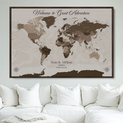 49871705-MGV-FC-36X24_Walnut-Push Pin Customize World Map Wall Canvas Print – Personalized Travel Tracker with Pins – Custom Wall Art Canvas for Home Office Decor