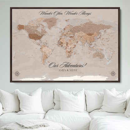 95243244-MGV-FC-36X24_Walnut-Custom Push Pin World Map Wall Canvas Print – Personalized Map for Travel Lovers - Large Personalized Gift for Home Office Decor