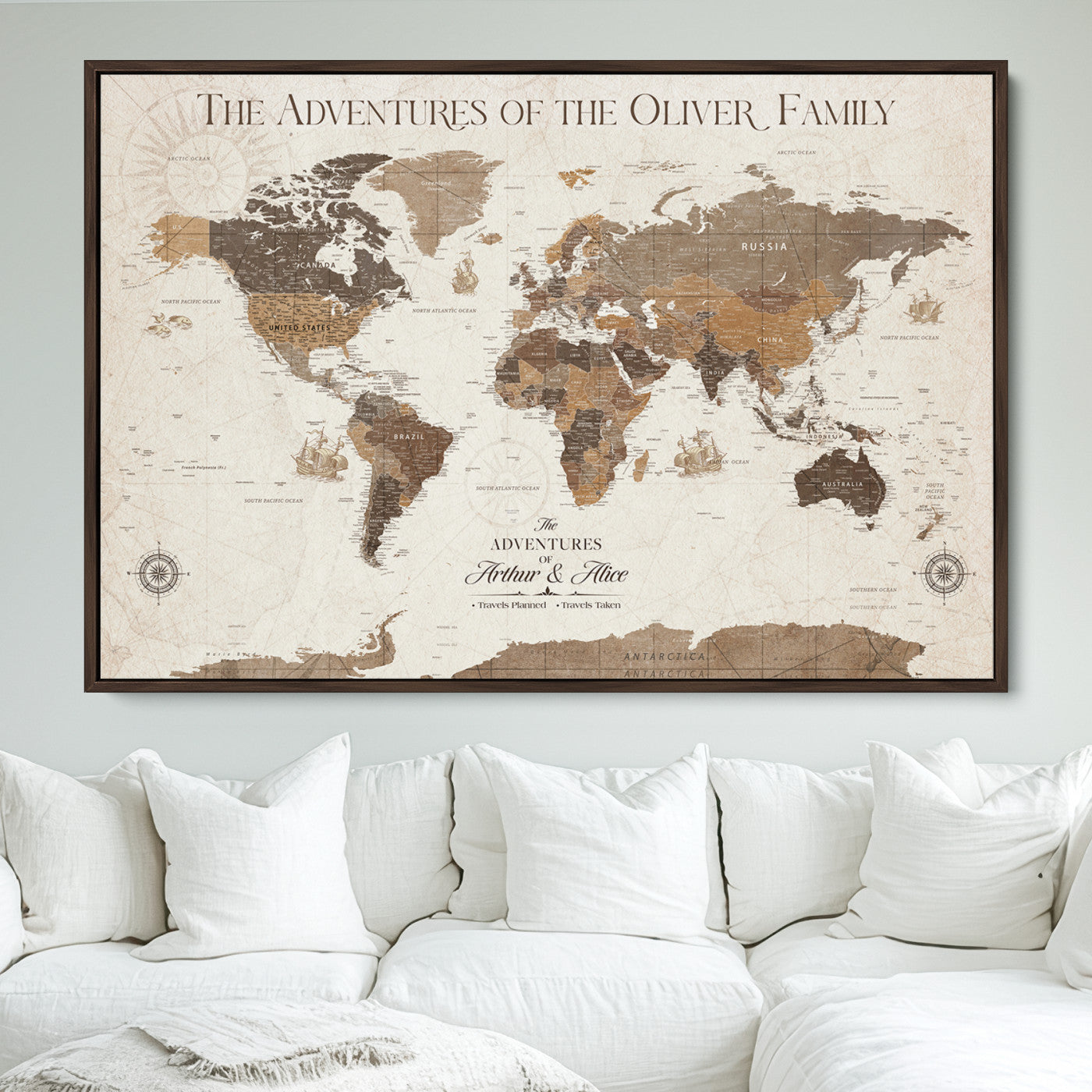 84483613-MGV-FC-36X24_Walnut-Custom Push Pin World Map Wall Canvas Print – Personalized Travel Tracker with Pins – Framed Large Multi-Size Canvas for Home Office Decor