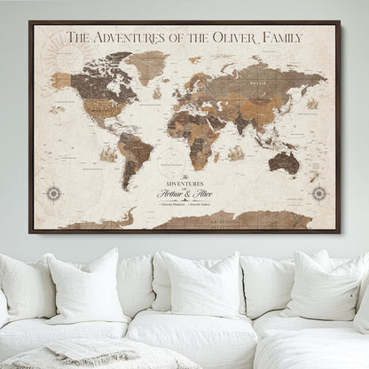 84483613-MGV-FC-36X24_Walnut-Custom Push Pin World Map Wall Canvas Print – Personalized Travel Tracker with Pins – Framed Large Multi-Size Canvas for Home Office Decor