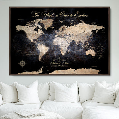 '-Customize Push Pin World Map Wall Canvas Print, Personalized Travel Tracker with Pins, Framed Large Canvas for Home Office Decor - H37