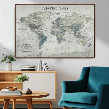 Customize Push Pin World Map Wall Canvas Print – Personalized Travel Tracker with Pins – Framed Custom Quotie Canvas for Home Office Decor