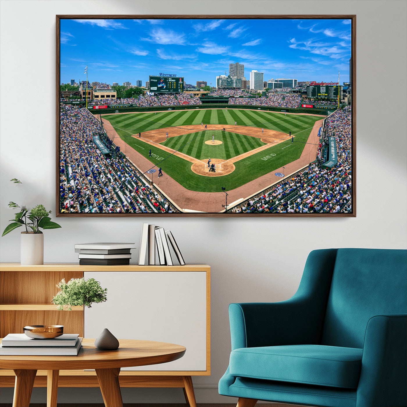 Wrigley Field Baseball Stadium Canvas Wall Art, Packed Crowd Sports Stadium Print, City Skyline Baseball Field Canvas for Game Room Decor