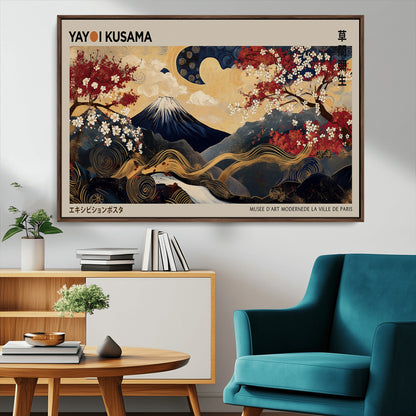 Yayoi Kusama's artwork featuring Mount Fuji, blooming cherry trees, and intricate swirls, blending traditional Japanese elements with vibrant color.