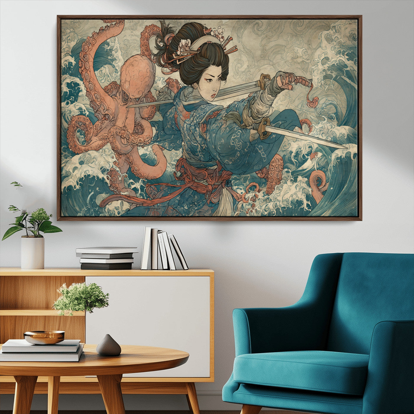 Tsukioka Yoshitoshi Samurai Wall Art Print, Japanese Katana Warrior Canvas Wall Art, Octopus Sea Monster Canvas Print,