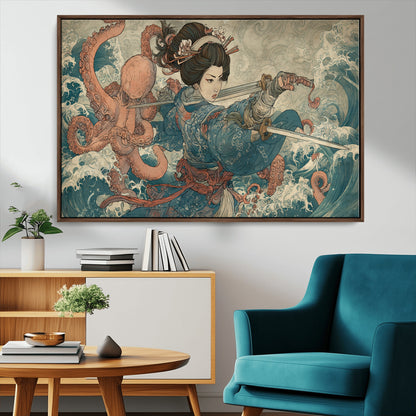 Tsukioka Yoshitoshi Samurai Wall Art Print, Japanese Katana Warrior Canvas Wall Art, Octopus Sea Monster Canvas Print,