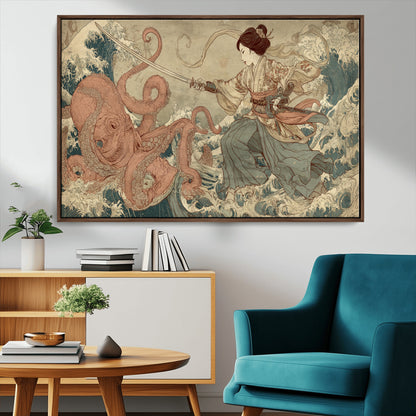 Tsukioka Yoshitoshi Samurai Wall Art Print, Japanese Katana Warrior Canvas Wall Art, Octopus Sea Monster Canvas Print,