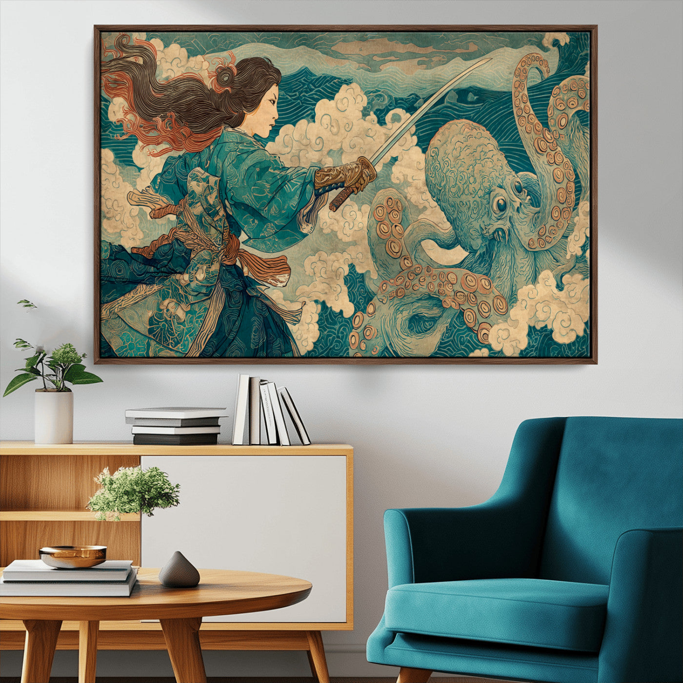 Tsukioka Yoshitoshi Samurai Wall Art Print, Japanese Katana Warrior Canvas Wall Art, Octopus Sea Monster Canvas Print,