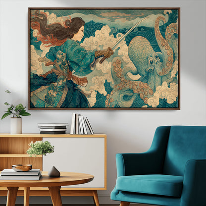 Tsukioka Yoshitoshi Samurai Wall Art Print, Japanese Katana Warrior Canvas Wall Art, Octopus Sea Monster Canvas Print,