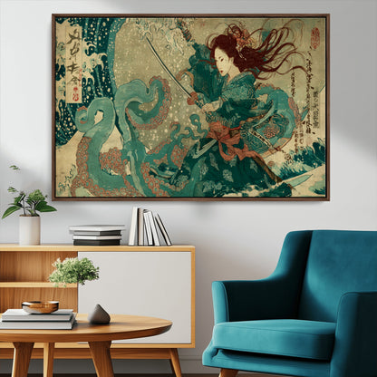Tsukioka Yoshitoshi Samurai Wall Art Print, Japanese Katana Warrior Canvas Wall Art, Octopus Sea Monster Canvas Print,