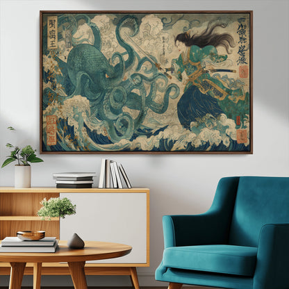 Tsukioka Yoshitoshi Samurai Wall Art Print, Japanese Katana Warrior Canvas Wall Art, Octopus Sea Monster Canvas Print,