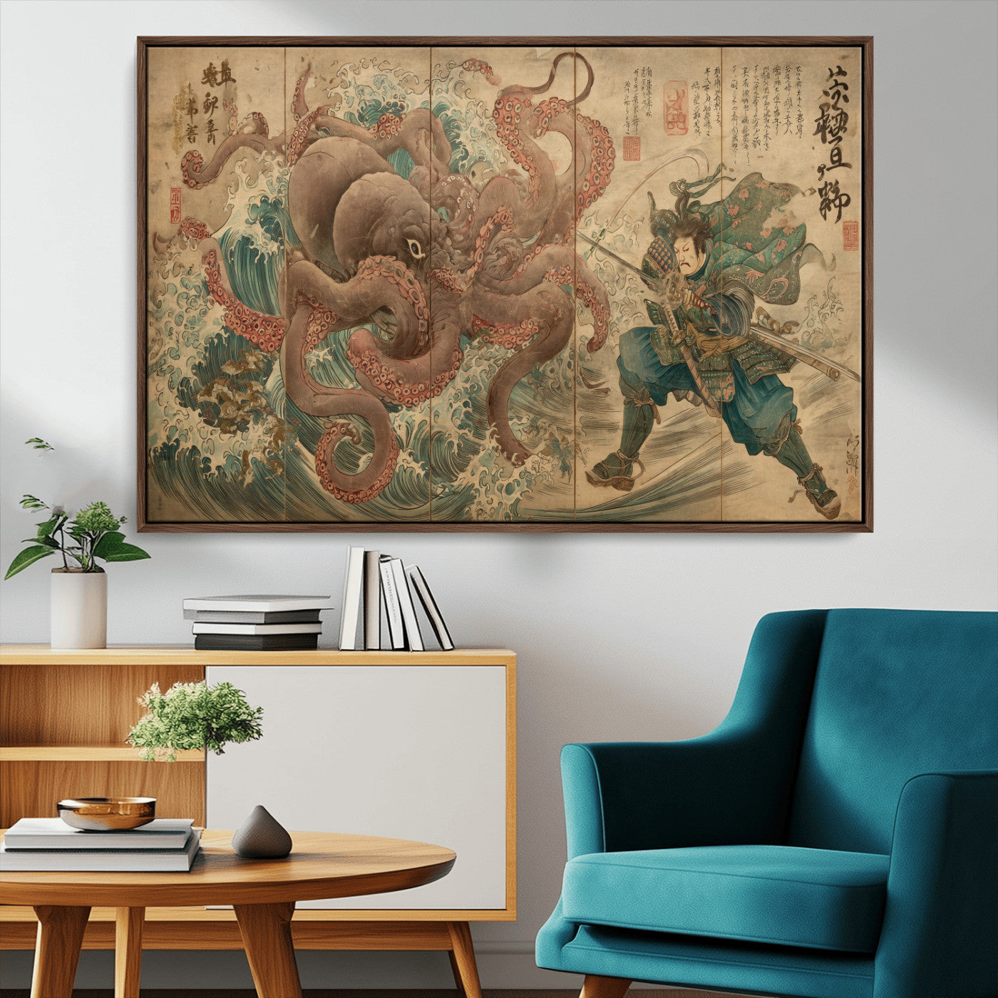 Tsukioka Yoshitoshi Samurai Wall Art Print, Japanese Katana Warrior Canvas Wall Art, Octopus Sea Monster Canvas Print,