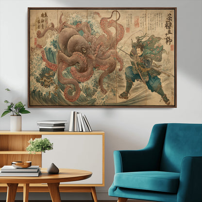 Tsukioka Yoshitoshi Samurai Wall Art Print, Japanese Katana Warrior Canvas Wall Art, Octopus Sea Monster Canvas Print,