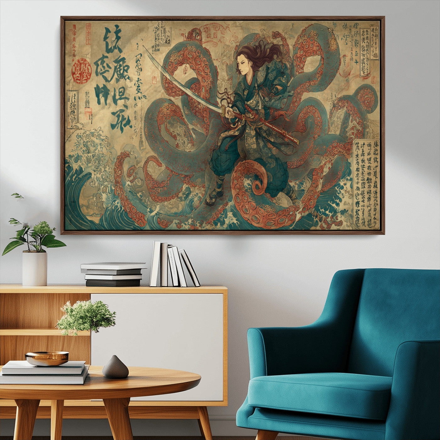 Tsukioka Yoshitoshi Samurai Wall Art Print, Japanese Katana Warrior Canvas Wall Art, Octopus Sea Monster Canvas Print,