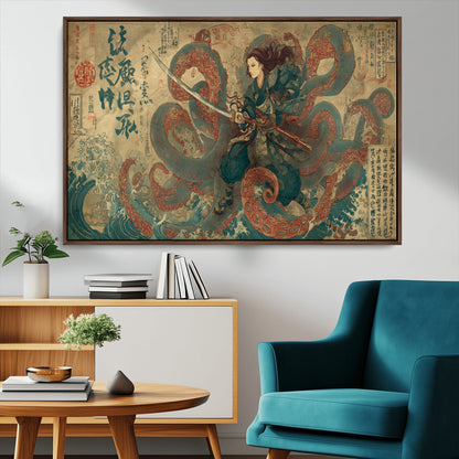 Tsukioka Yoshitoshi Samurai Wall Art Print, Japanese Katana Warrior Canvas Wall Art, Octopus Sea Monster Canvas Print,
