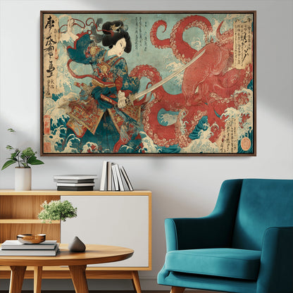Tsukioka Yoshitoshi Samurai Wall Art Print, Japanese Katana Warrior Canvas Wall Art, Octopus Sea Monster Canvas Print,