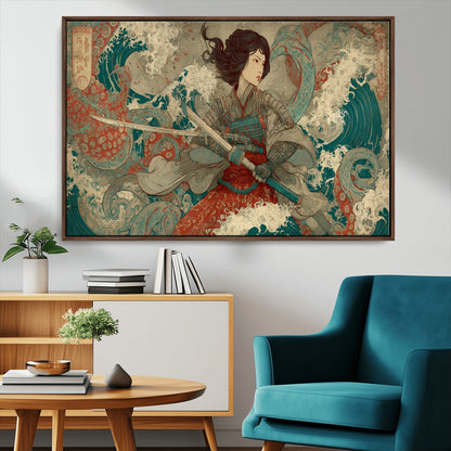 Tsukioka Yoshitoshi Samurai Wall Art Print, Japanese Katana Warrior Canvas Wall Art, Octopus Sea Monster Canvas Print,