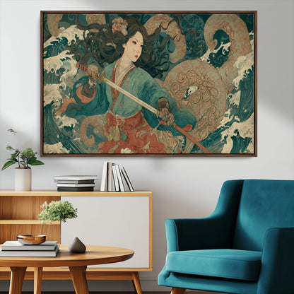 Tsukioka Yoshitoshi Samurai Wall Art Print, Japanese Katana Warrior Canvas Wall Art, Octopus Sea Monster Canvas Print,