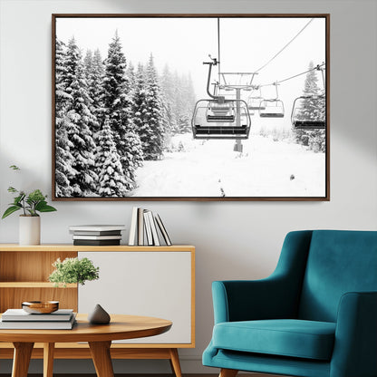 Black and white canvas of empty ski lifts over a snowy pine forest, perfect for minimal winter or ski lodge-inspired decor.