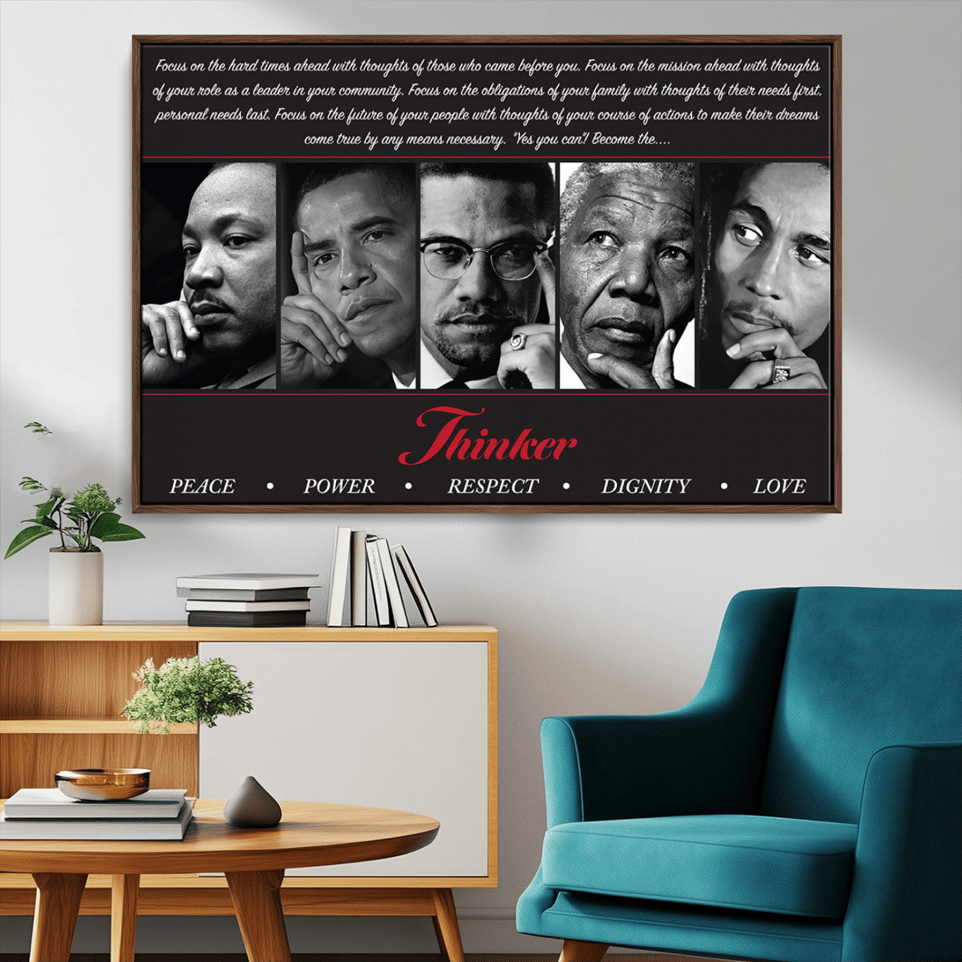 Monochrome canvas of iconic Black leaders with a powerful quote, perfect for modern spaces with a cultural or motivational theme.