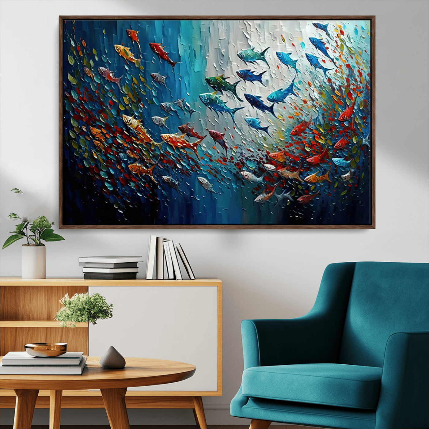 Colorful painting of fish swimming in abstract ocean swirls, perfect for vibrant marine-themed or expressive coastal home decor.