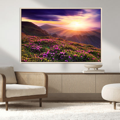 -Mountain Sunrise Wall Art – Vibrant Floral Landscape Canvas Print, Nature Home Decor for Living Room, Bedroom Office or Cabin