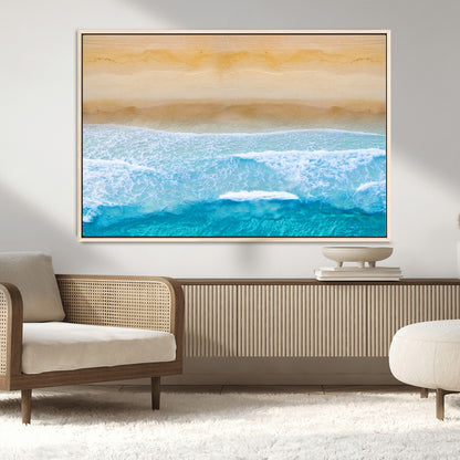 -Aerial Beach Wall Art – Serene Ocean Waves & Sandy Shore Canvas Print, Coastal Home Decor for Living Room, Bedroom or Office