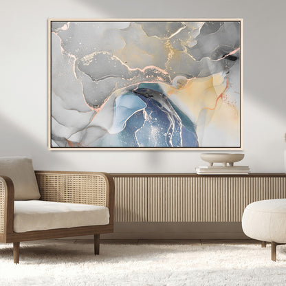 63211-MGV-FC-36X24_Natural-Abstract Fluid Art Wall Decor – Blue, Gray & Gold Canvas Print, Modern Home and Office Wall Art Decor for Living Room, Bedroom or Workspace