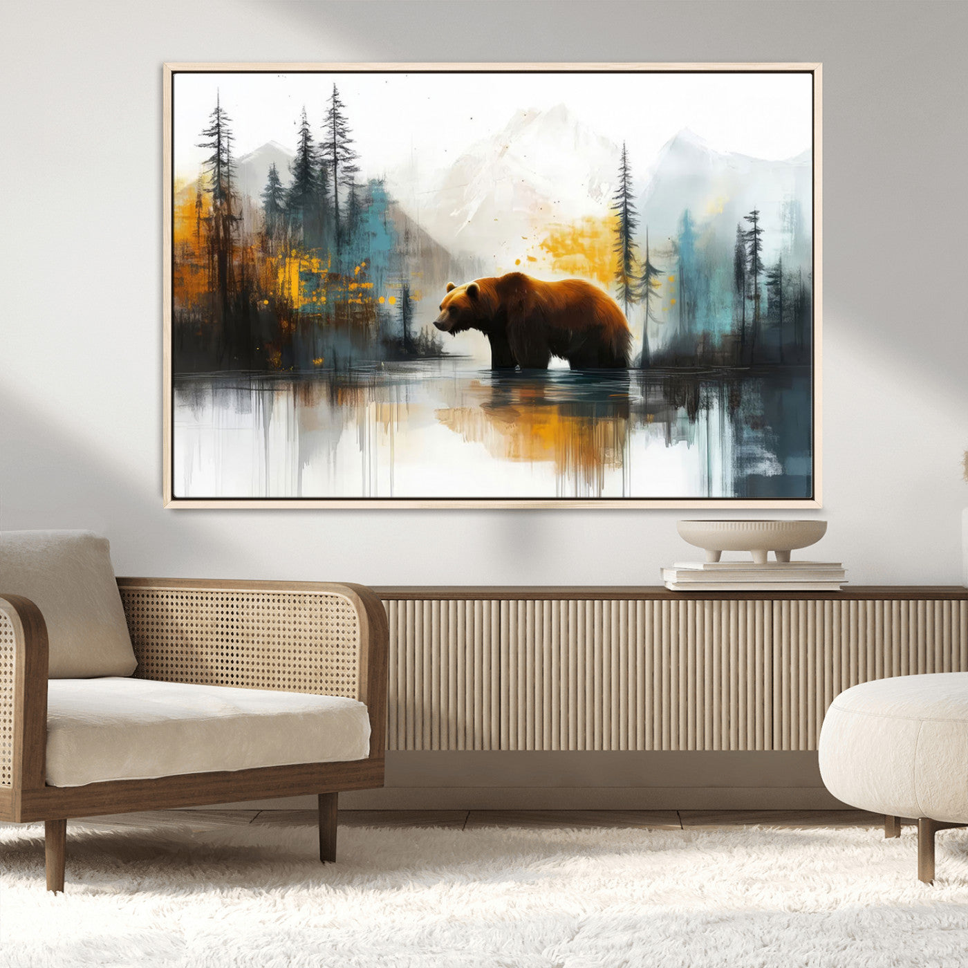 A majestic bear stands by the serene waters of a misty forest, surrounded by towering trees and distant mountains, evoking the raw beauty and wild spirit of nature.