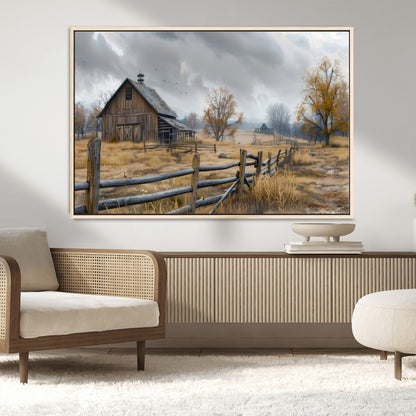 A tranquil rural scene featuring a rustic barn, overcast skies, and golden fields with scattered trees, evoking a sense of peaceful solitude in nature.