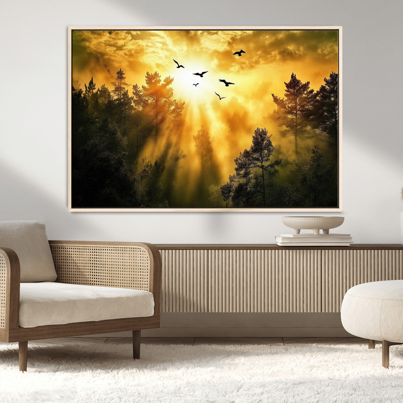 Canvas of a golden forest at sunset with birds flying through glowing sunbeams and silhouetted pine trees, ideal for warm-toned rustic decor.