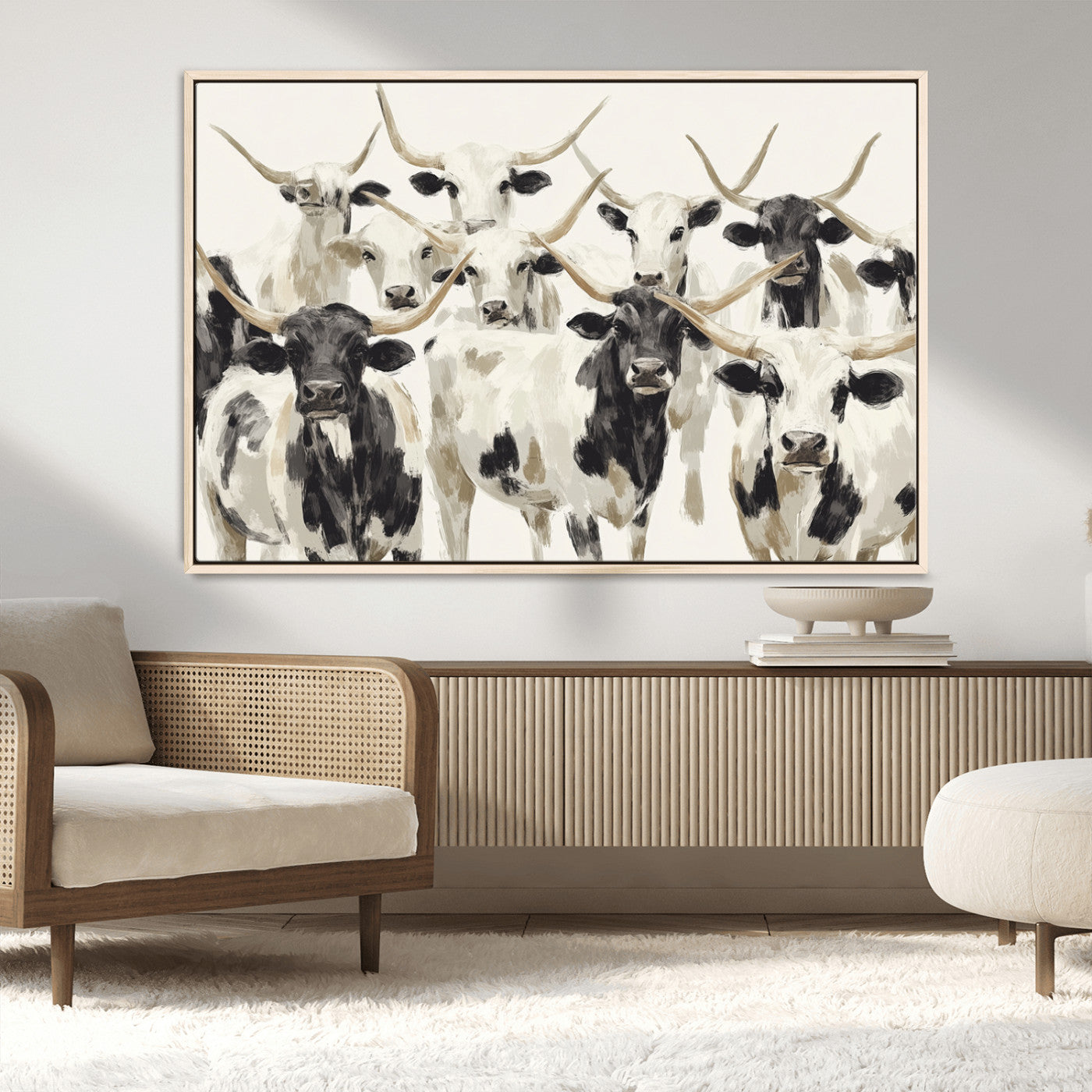 Canvas of a Texas Longhorn cattle herd in neutral black and white tones, ideal for rustic farmhouse or western-themed decor.