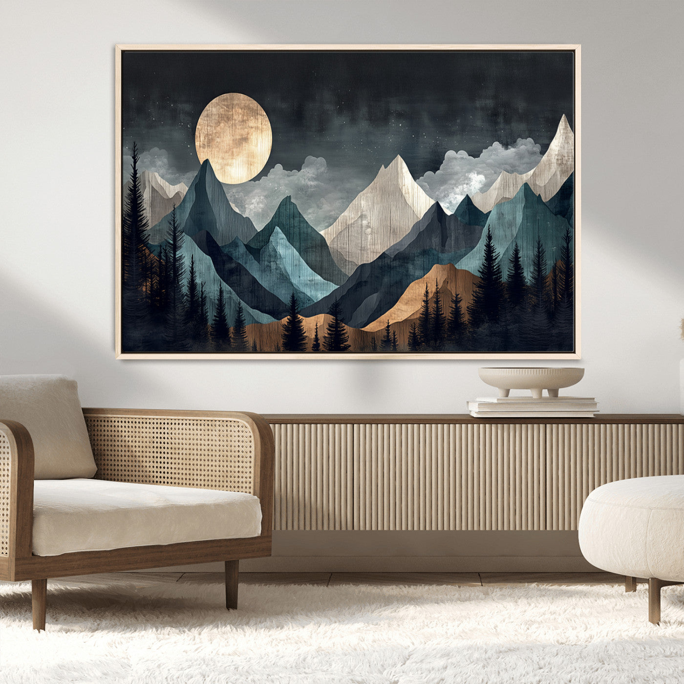 Stylized canvas of layered mountains under a full moon in neutral moody tones, ideal for nature-inspired or modern rustic interiors.
