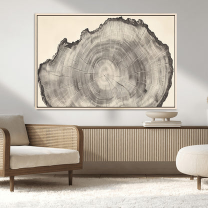 Detailed tree ring drawing in monochrome tones, ideal for rustic or nature-inspired interiors with a minimal decor aesthetic.
