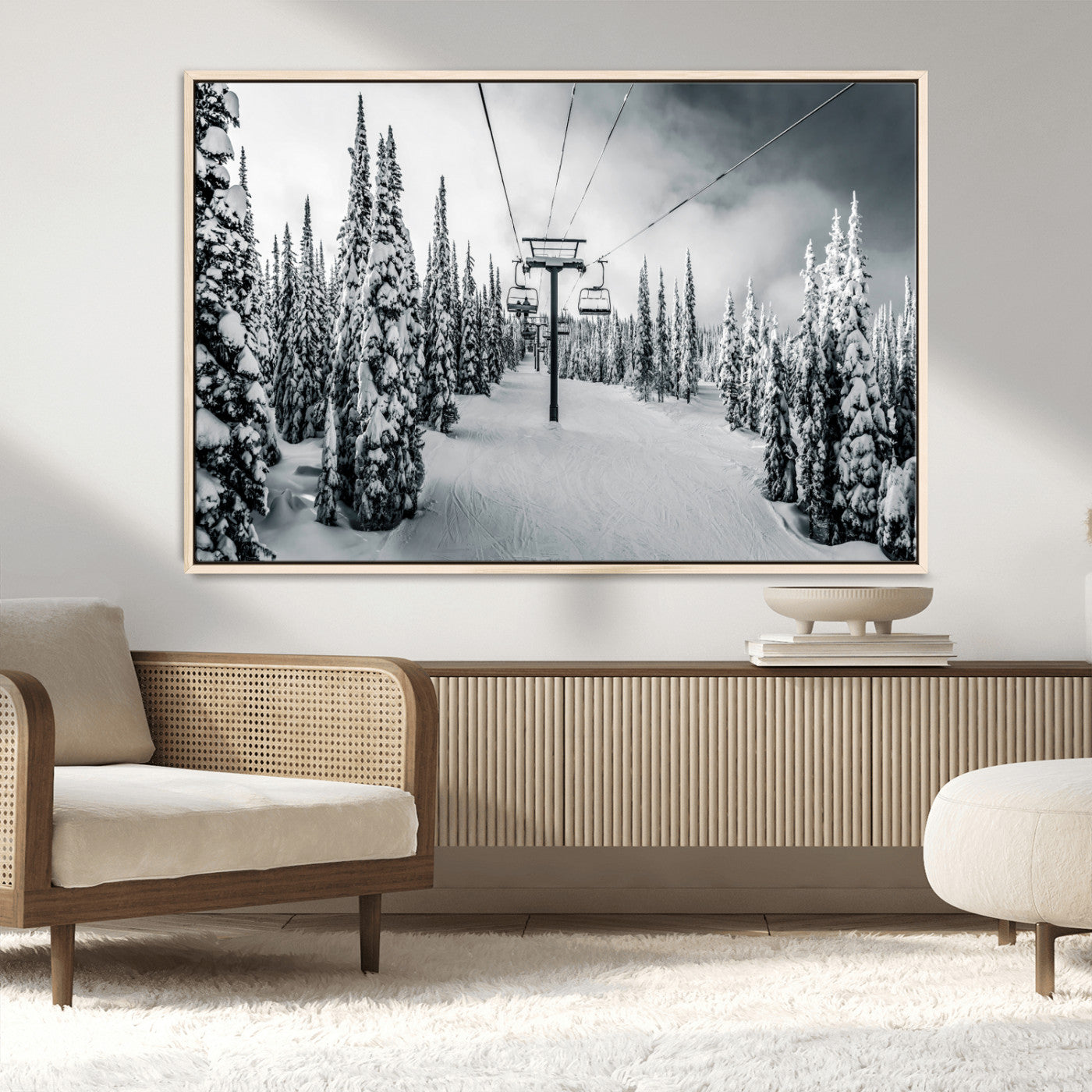 Canvas of a snowy ski lift scene through a forest of tall pine trees, ideal for moody winter or alpine-themed home decor.
