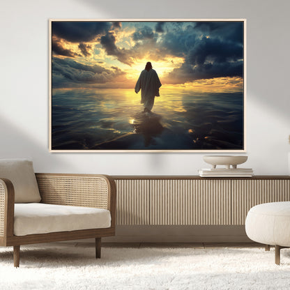 Spiritual artwork of Jesus walking on water at golden hour with divine light, ideal for Christian home decor or prayer room.