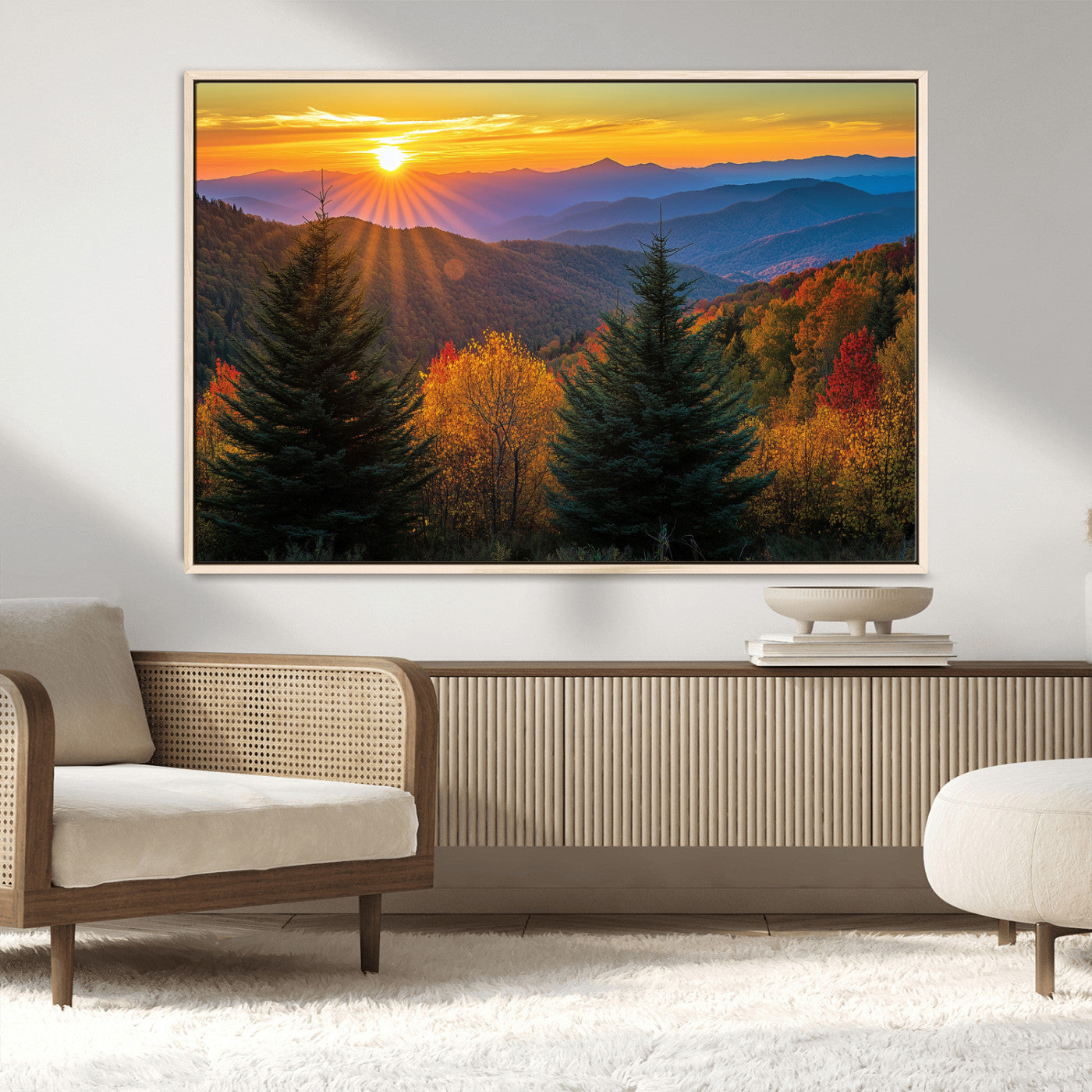 Vibrant sunset over autumn mountains with colorful trees and warm light, ideal for nature lovers or cabin-style wall decor.