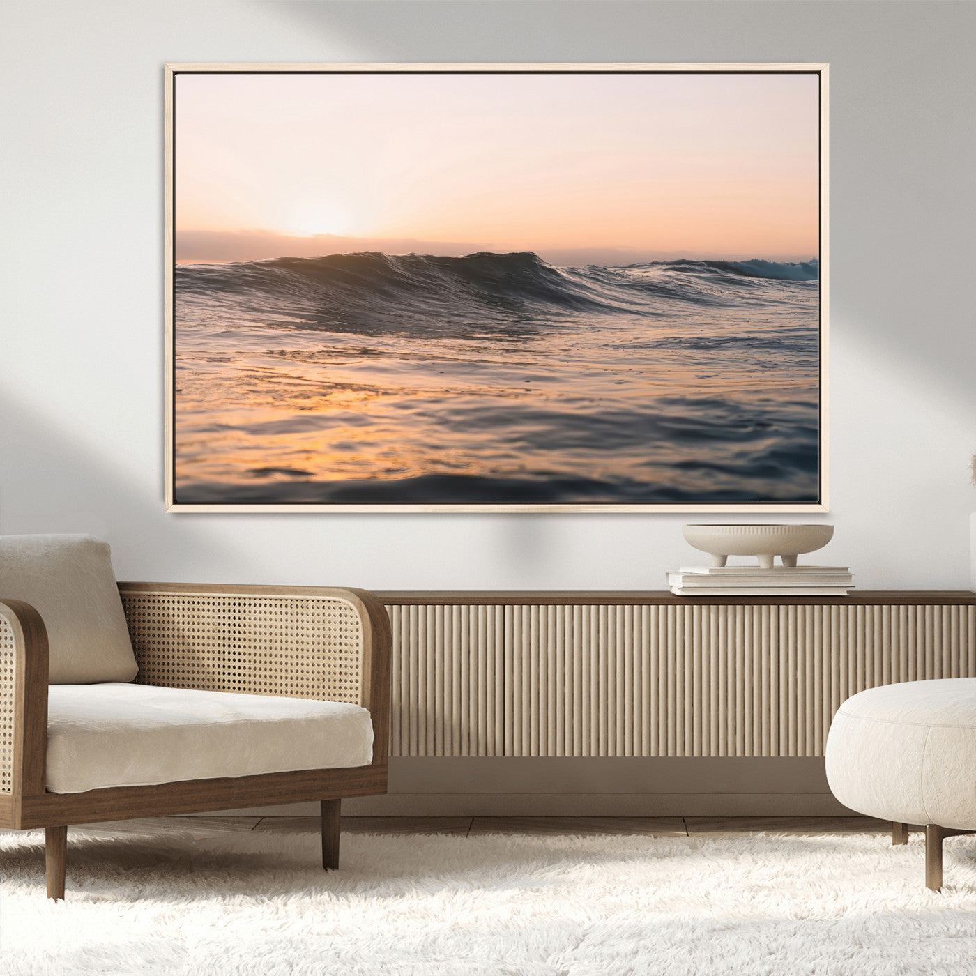 Framed canvas of ocean waves glowing in sunset light, ideal for golden hour calm or peaceful coastal-inspired wall decor.