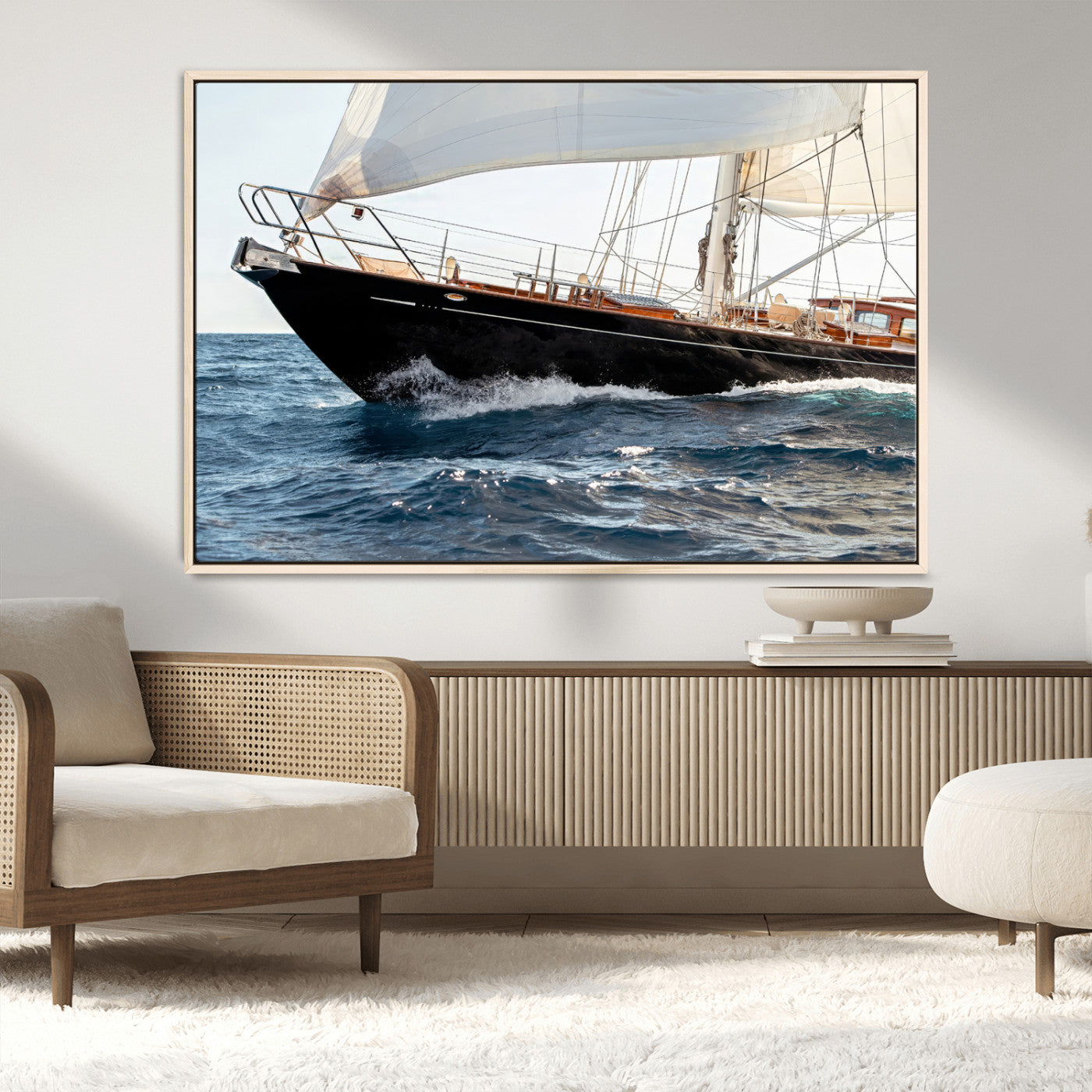 Close-up of a classic sailing yacht with wooden deck and full sails, perfect for nautical or coastal-style decor in ocean-themed spaces.