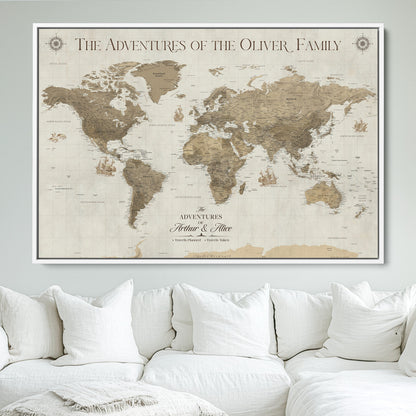 40119313-MGV-FC-36X24_White-World Travel Map with Pins – Push Pin Maps of Where I've Been, Framed Wall Map for Travel Memories, Old Style Decorative World Map - H12