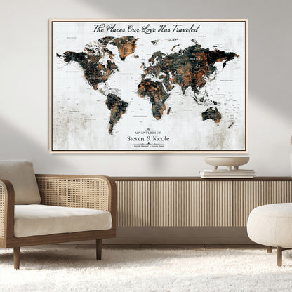 89231588-MGV-CV-36X24-World Travel Map with Pins – Framed Canvas Print to Track Adventures and Create a Visual Travel Journal, Ideal Wall Art for Home - H17