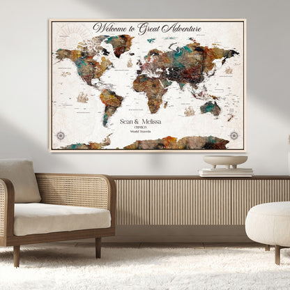 92462592-MGV-CV-36X24-Customize Push Pin World Map Wall Canvas Print – Personalizable Travel World Map with Pins – Framed Personalized Map Print for Couple Gift - H31