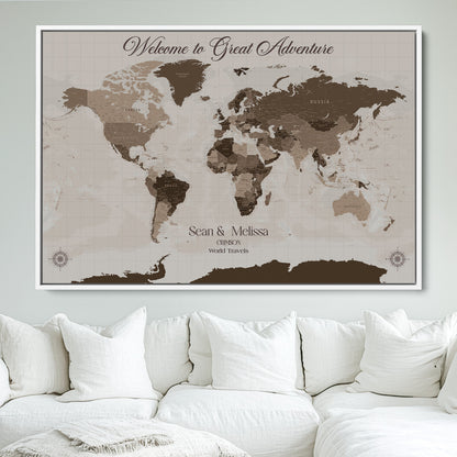49871705-MGV-FC-36X24_White-Push Pin Customize World Map Wall Canvas Print – Personalized Travel Tracker with Pins – Custom Wall Art Canvas for Home Office Decor
