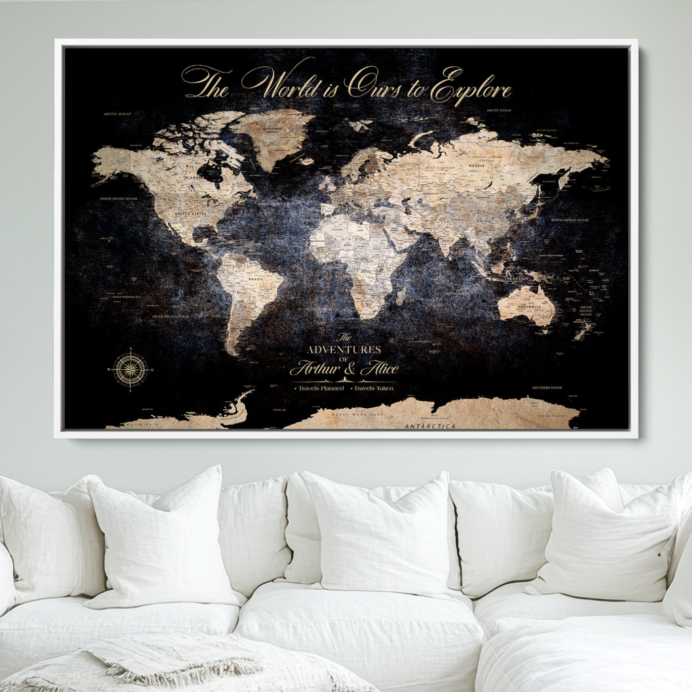 '-Customize Push Pin World Map Wall Canvas Print, Personalized Travel Tracker with Pins, Framed Large Canvas for Home Office Decor - H37
