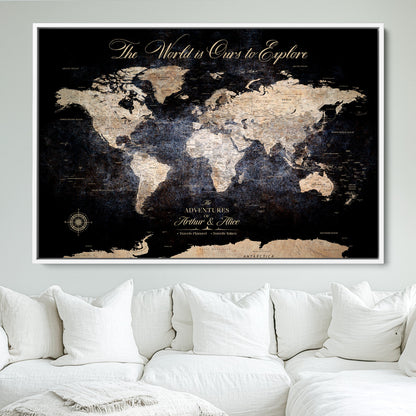 '-Customize Push Pin World Map Wall Canvas Print, Personalized Travel Tracker with Pins, Framed Large Canvas for Home Office Decor - H37