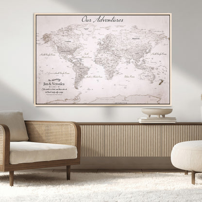 Customize Push Pin World Map Wall Canvas Print – Personalized Travel Map with Foam Pins – Framed Custom Quotie Canvas for Home Office Decor
