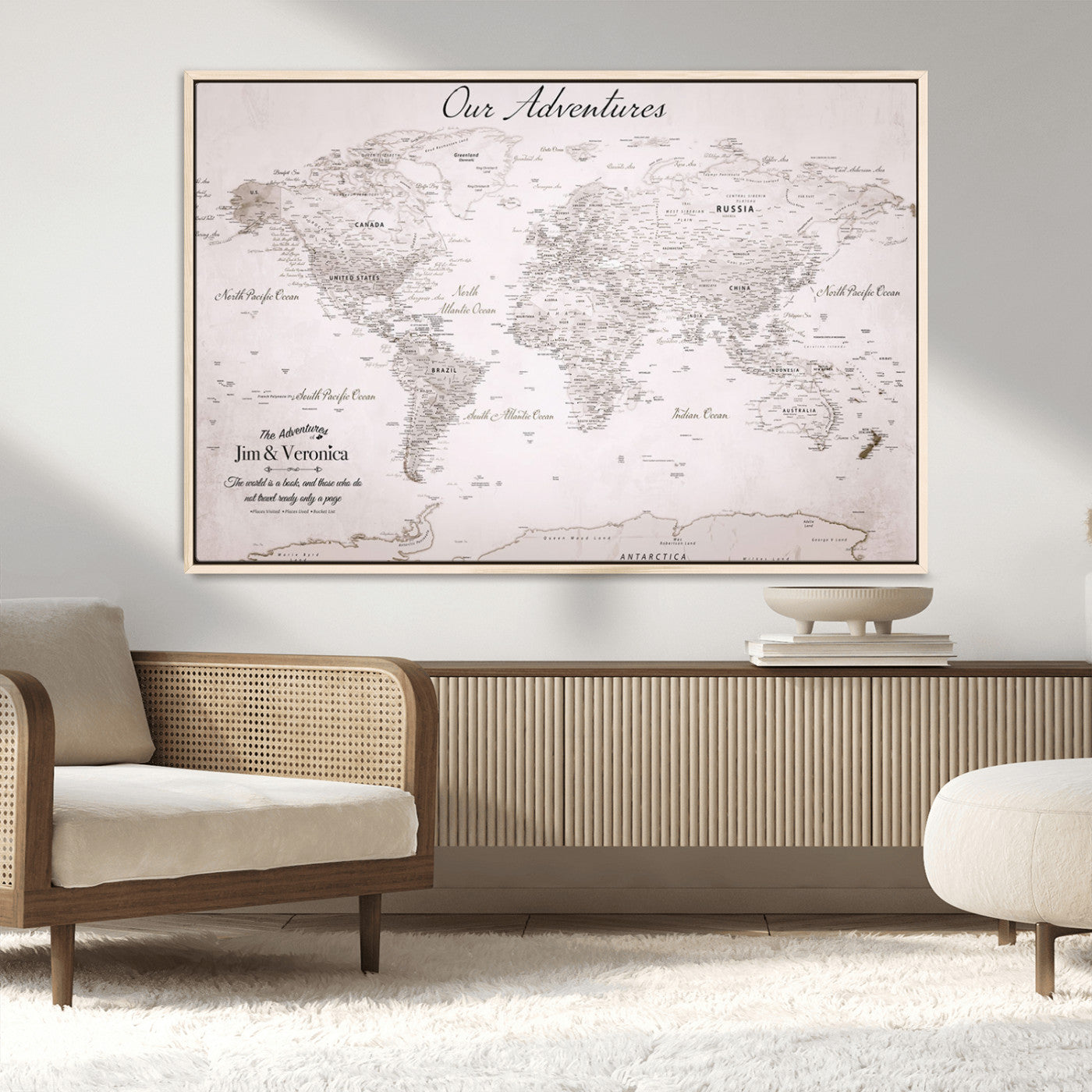 Customize Push Pin World Map Wall Canvas Print – Personalized Travel Map with Foam Pins – Framed Custom Quotie Canvas for Home Office Decor